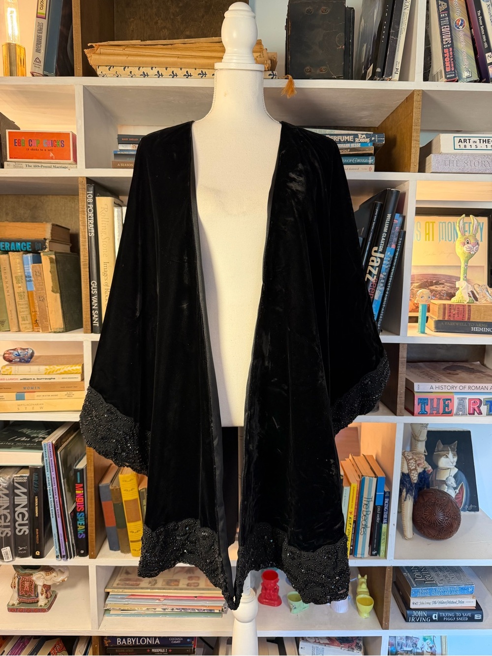 Adrienne Landau Black Velvet Open-Front Shrug with Beaded Trim